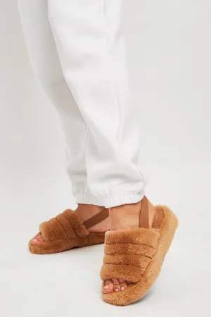 Camel Fluffy Strap Sliders - Naria