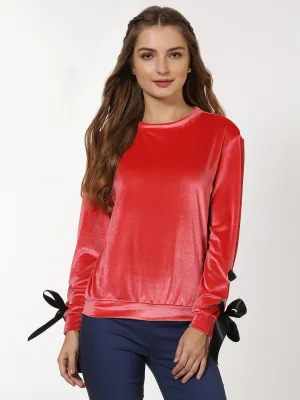 Coral Velvet Ribbon Eyelet Sweatshirt