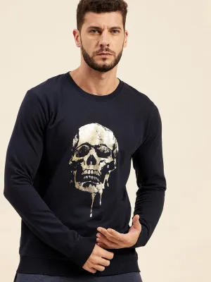 Men Navy Front Foil Skull Print Sweatshirt