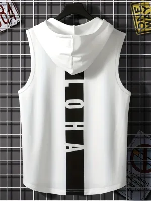 Men's Sleeveless Hooded Tank Top With Letter Print, Casual Sportswear, Gym Fitness Vest