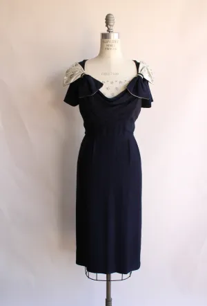 Vintage 1950s Navy Blue Cocktail Dress with Rhinestones